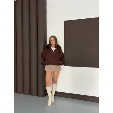 Yaka Peluşlu Bel Lastikli Tasarım Ceket Kahverengi