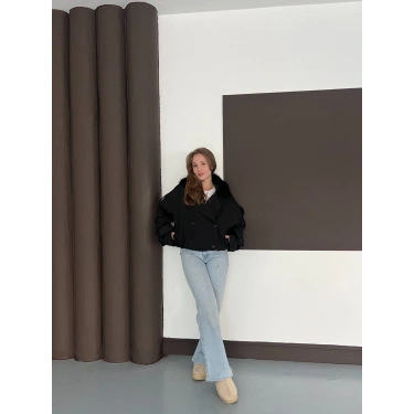 Yaka Peluşlu Bel Lastikli Tasarım Ceket Siyah