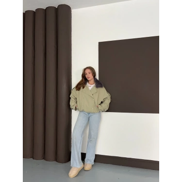 Yaka Peluşlu Bel Lastikli Tasarım Ceket Yeşil