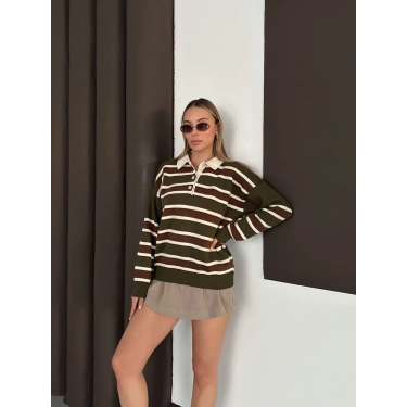 Yakalı Cizgi Desen Triko Kazak Haki