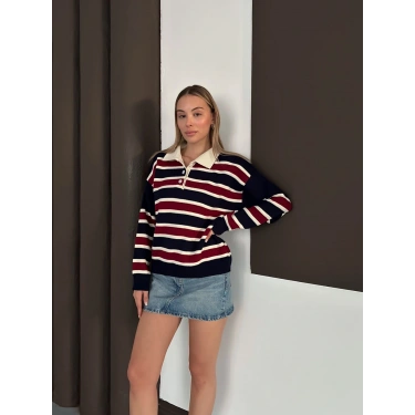 Yakalı Cizgi Desen Triko Kazak Siyah