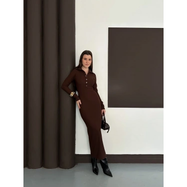 Yakalı Düğme Detaylı Triko Elbise Acı Kahve