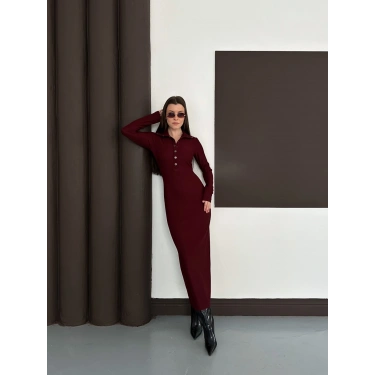 Yakalı Düğme Detaylı Triko Elbise Bordo
