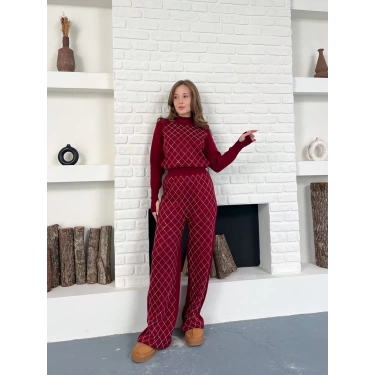 Yarım Boğazlı Taş İşlemeli İkili Set Bordo