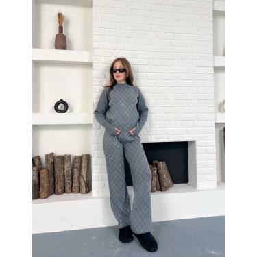 Yarım Boğazlı Taş İşlemeli İkili Set Gri