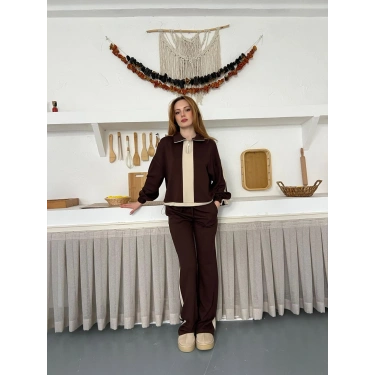 Yarım Fermuar Detaylı Şeritli Takım Acı Kahve