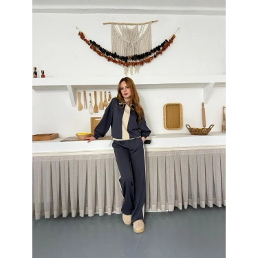 Yarım Fermuar Detaylı Şeritli Takım Antrasit
