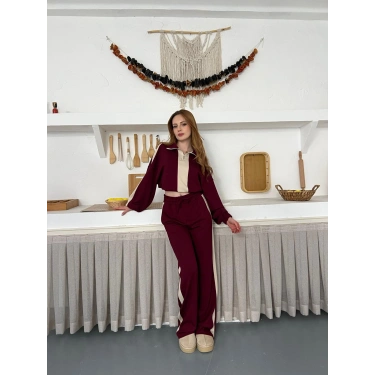 Yarım Fermuar Detaylı Şeritli Takım Bordo