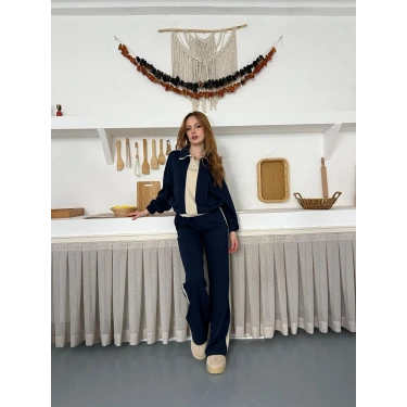 Yarım Fermuar Detaylı Şeritli Takım Lacivert