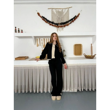 Yarım Fermuar Detaylı Şeritli Takım Siyah