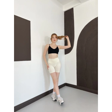 Yüksek Bel Dikişsiz Spor Şort Bej