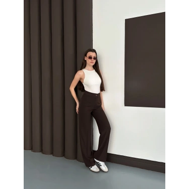 Yüksek Bel Klasik Kesim Bol Paça Pantolon Acı Kahve