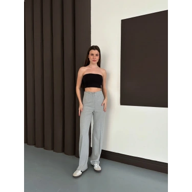 Yüksek Bel Klasik Kesim Bol Paça Pantolon Gri