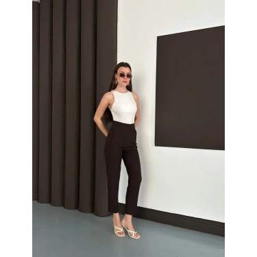 Yüksek Bel Ön Pile Detaylı Modern Tasarım Pantolon Acı Kahve