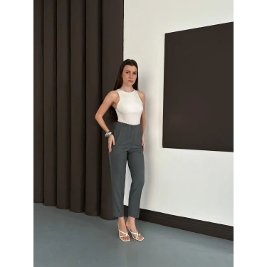 Yüksek Bel Ön Pile Detaylı Modern Tasarım Pantolon Antrasit