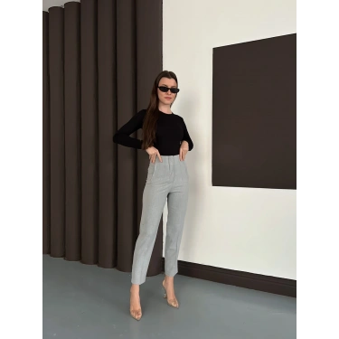 Yüksek Bel Ön Pile Detaylı Modern Tasarım Pantolon Gri