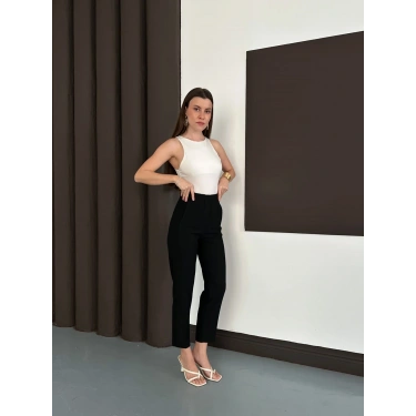 Yüksek Bel Ön Pile Detaylı Modern Tasarım Pantolon Siyah