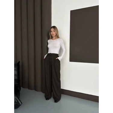 Yüksek Bel Pileli Palazzo Kumaş Pantolon Kahve