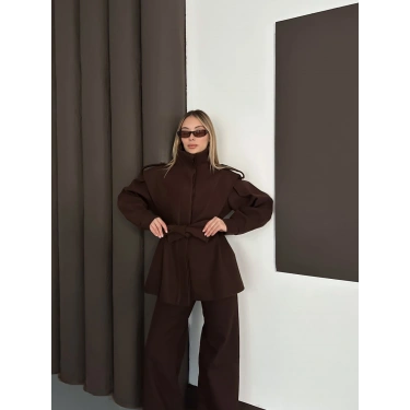 Yüksek Yaka A Kalite Kaşe Tasarım Ceket Acı Kahve