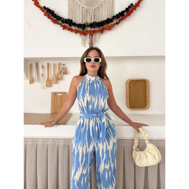Zebra Desen Kuşaklı Tulum Mavi