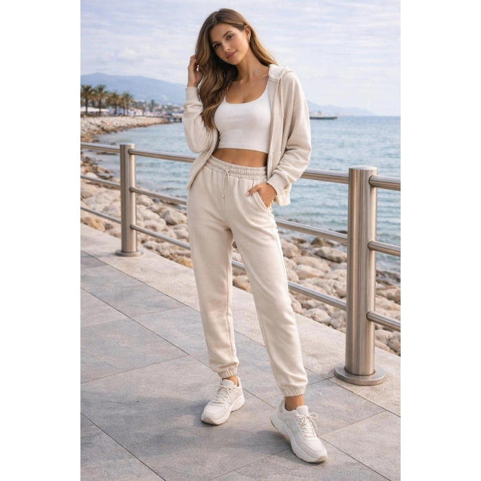 3 İplik Şardonlu Bej Eşofman Altı