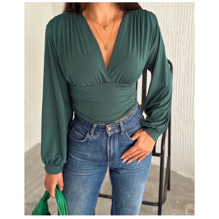 KORSAJLI UZUN KOL BLUZ - ZÜMRÜT YEŞİLİ