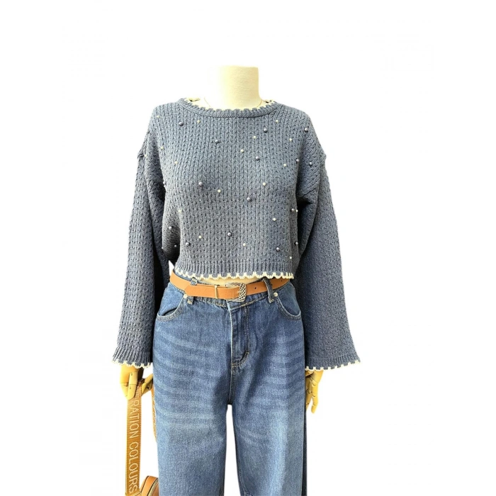 BONCUK DETAY TRİKO KAZAK LACİVERT