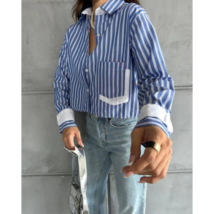 ÇİZGİLİ CEP DETAY GÖMLEK