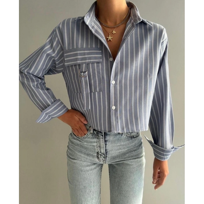 KADIN ÇİZGİLİ CROP GÖMLEK