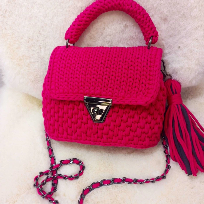 KADIN EL YAPIMI TIĞ İŞİ PENYE İP ÇANTA FUŞYA