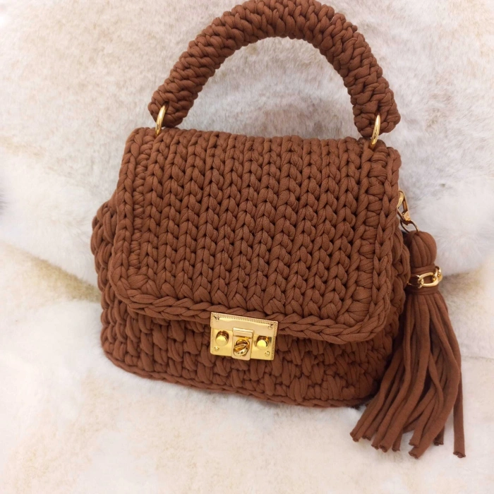 KADIN EL YAPIMI TIĞ İŞİ PENYE İP ÇANTA KAHVERENGİ