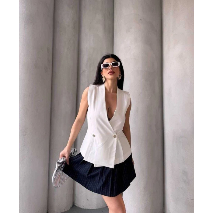 KADIN KRUVAZE YAKA DÜĞMELİ DOKUMA YELEK