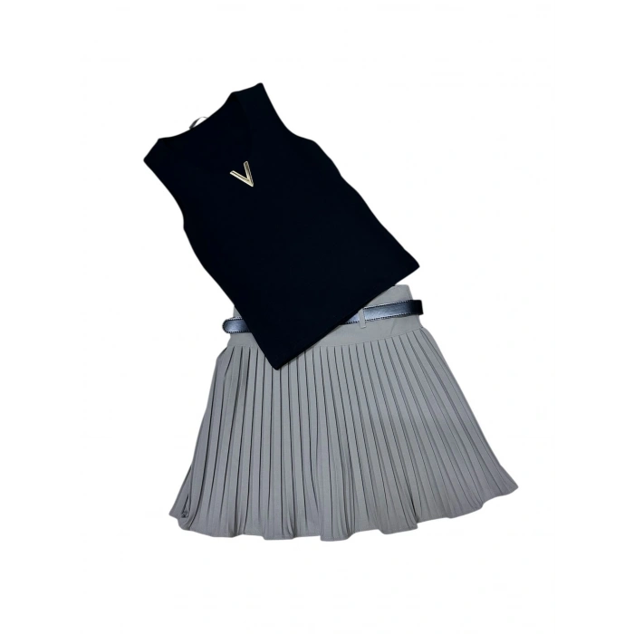 PİLELİ KADIN ŞORT ETEK GRİ