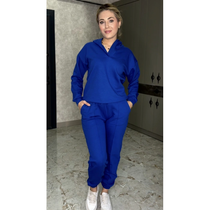 SAX MAVİSİ KAPŞONLU DÜZ TAKIM