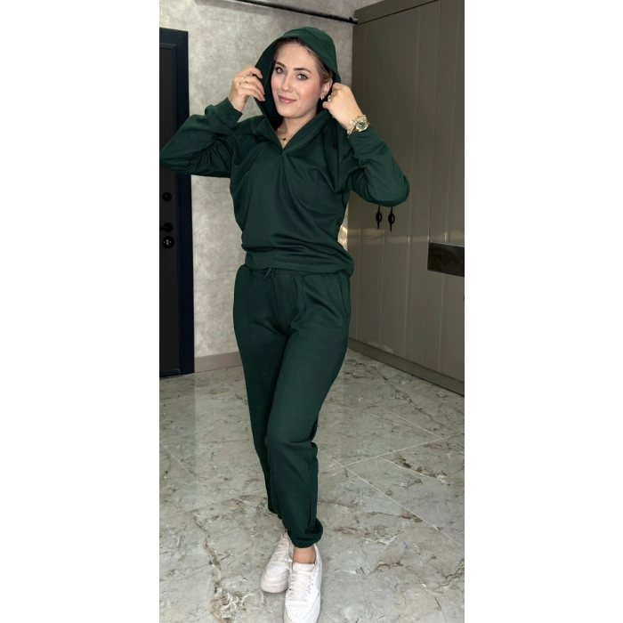 NEFTİYEŞİLİ KAPŞONLU DÜZ TAKIM