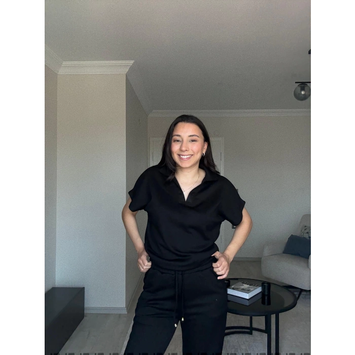 SİYAH OYS MODAL KUMAŞ POLO YAKA