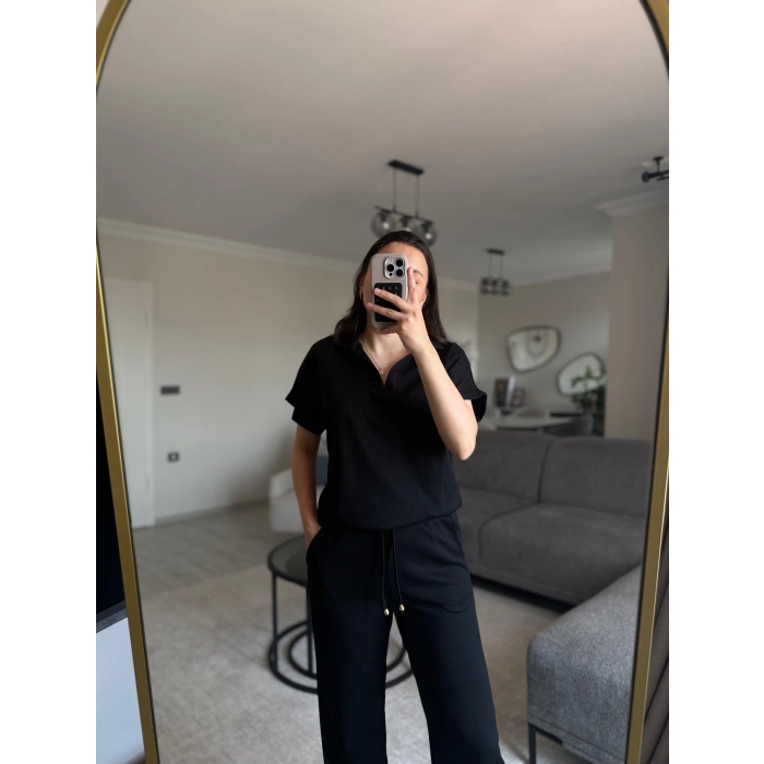 SİYAH OYS MODAL KUMAŞ POLO YAKA