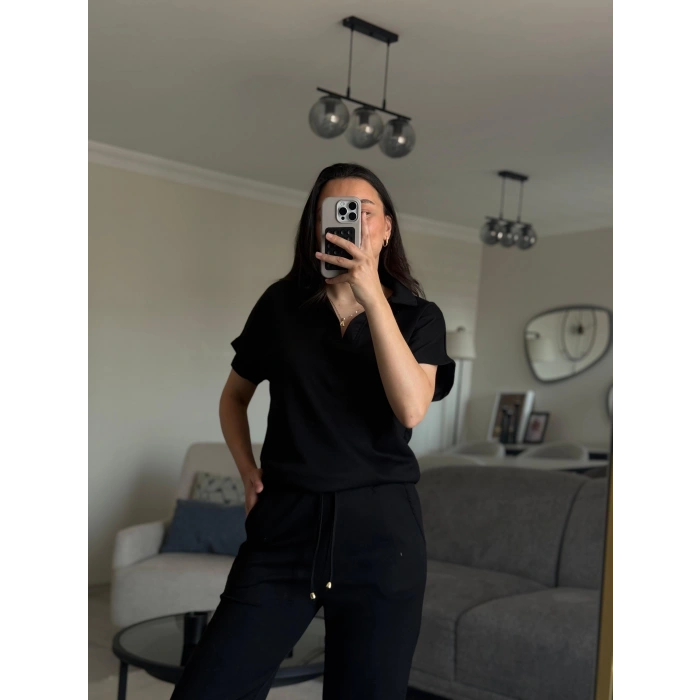 SİYAH OYS MODAL KUMAŞ POLO YAKA
