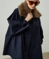 Çıkarılabilir Kürk Yaka Detaylı Kısa Trençkot - Lacivert