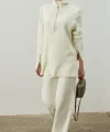 Fermuar ve Nervür Detaylı Triko Takım Ekru