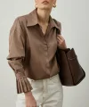 Pile Detaylı Oversize Gömlek Kahverengi
