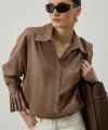 Pile Detaylı Oversize Gömlek Kahverengi