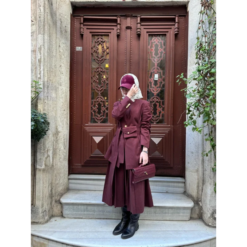 Kuşağı Cep Detaylı Blazer Ceket - Bordo