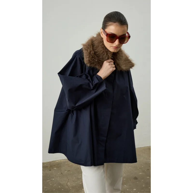 Çıkarılabilir Kürk Yaka Detaylı Kısa Trençkot - Lacivert