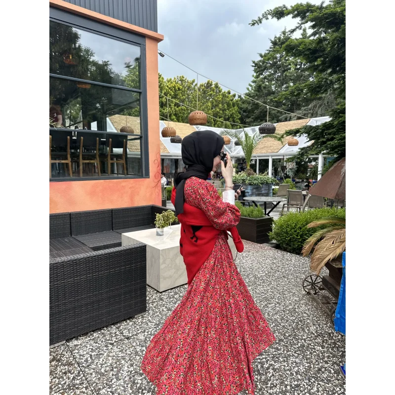 Manşet Detaylı Cherry Elbise