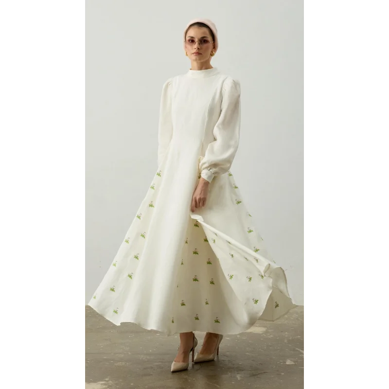 Nakış Detaylı Saf Keten Kloş Elbise