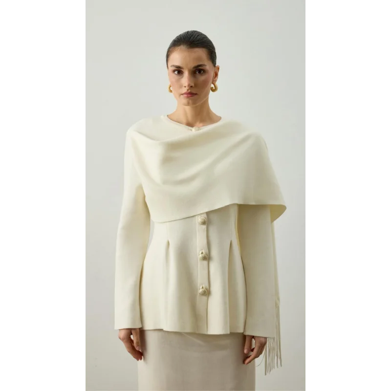 Omzu Püskül Şal Detaylı Triko Hırka - Ekru