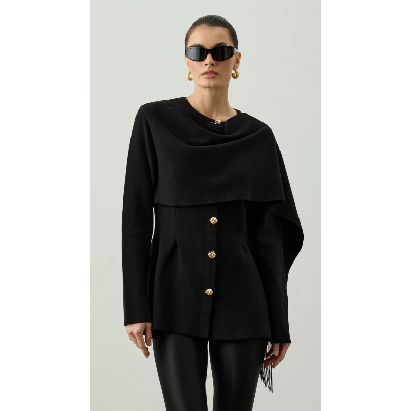 Omzu Püskül Şal Detaylı Triko Hırka - Siyah