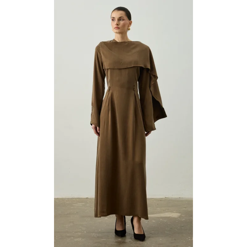 Omzu Şal Detaylı Cupro Elbise Haki