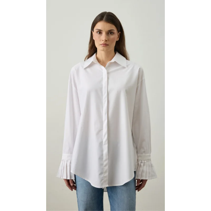 Pile Detaylı Oversize Gömlek Beyaz